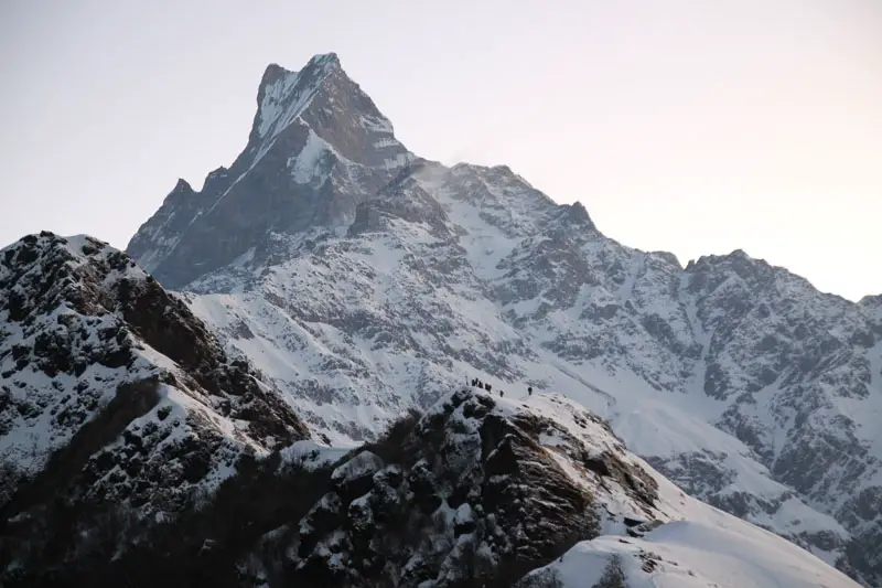 Machupuchare mountain with hikers short treks in Nepal